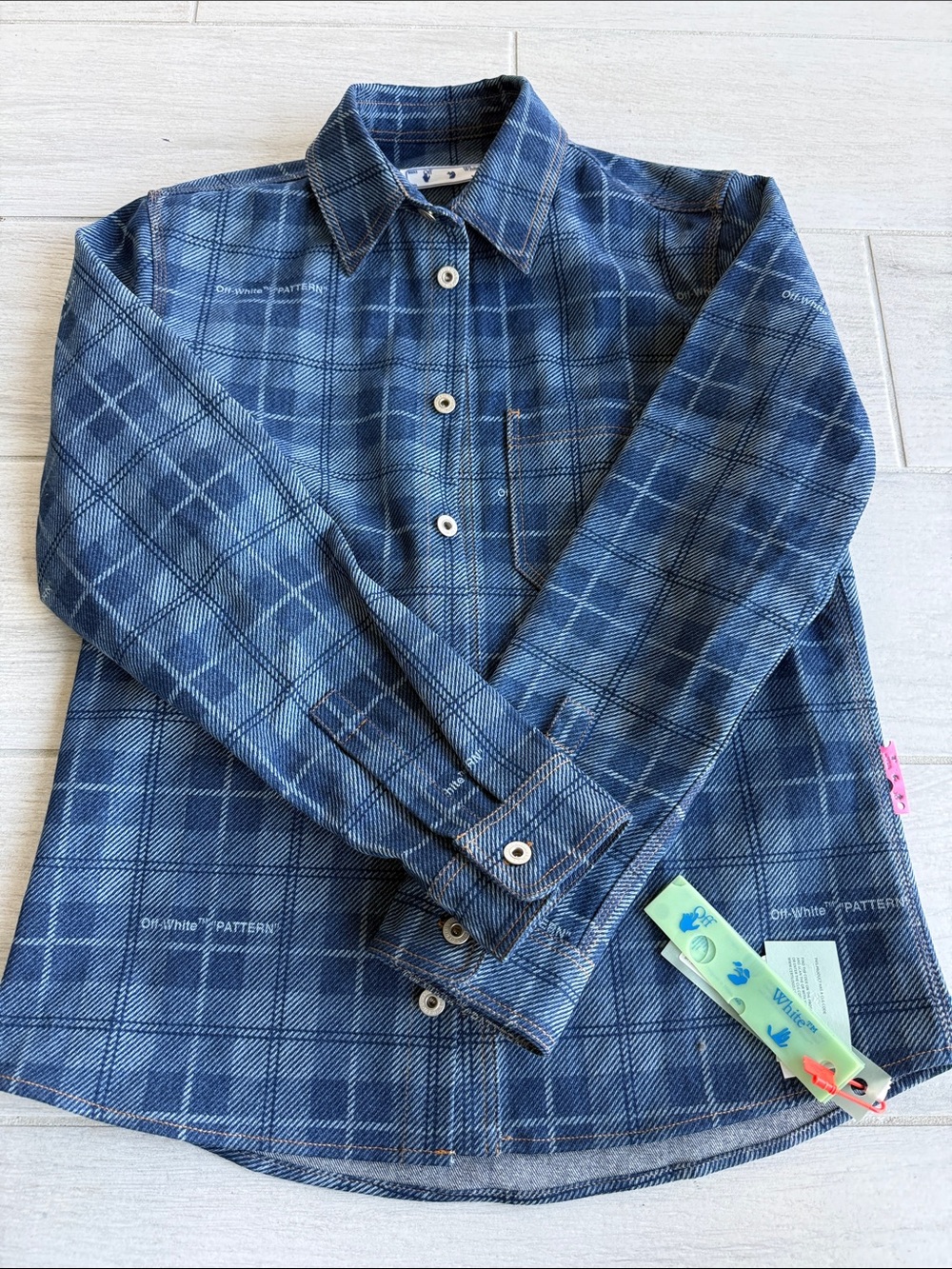 Off-White Men’s Plaid Denim Shacket with Tag Detail